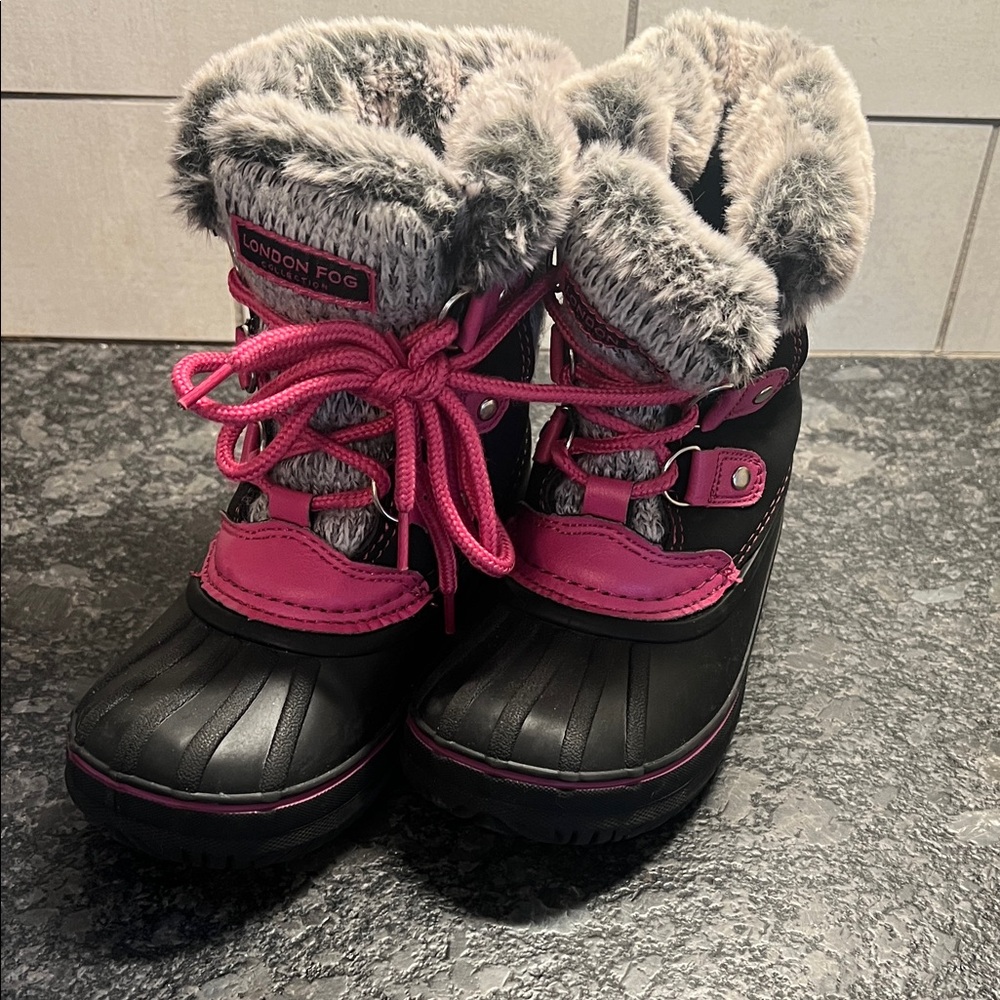 Size 11 London Fog Black and Pink Fuzzy Lined Boots. Like new.